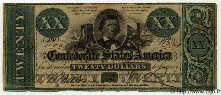 20 Dollars ÉTATS CONFÉDÉRÉS D AMÉRIQUE  1861 P.034 pr.TTB