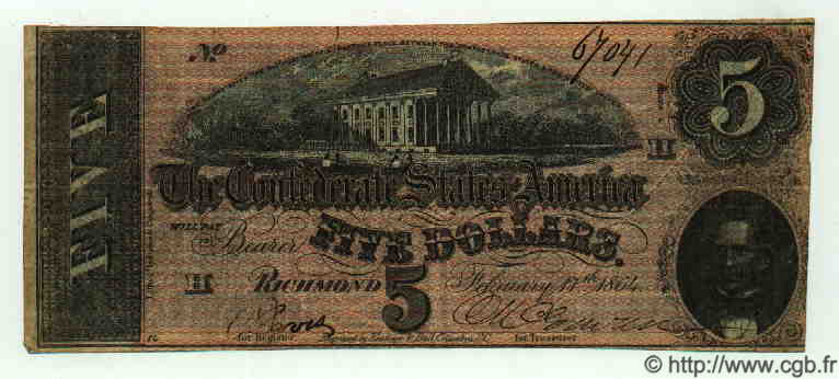 5 Dollars ÉTATS CONFÉDÉRÉS D AMÉRIQUE  1864 P.067 TTB+