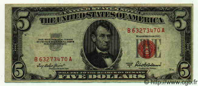 5 Dollars ÉTATS-UNIS D AMÉRIQUE  1953 P.381a TTB