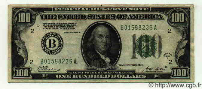 100 Dollars ÉTATS-UNIS D AMÉRIQUE New York 1928 P.424a TTB+