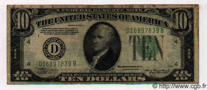 10 Dollars ÉTATS-UNIS D AMÉRIQUE Cleveland 1934 P.430Da TB