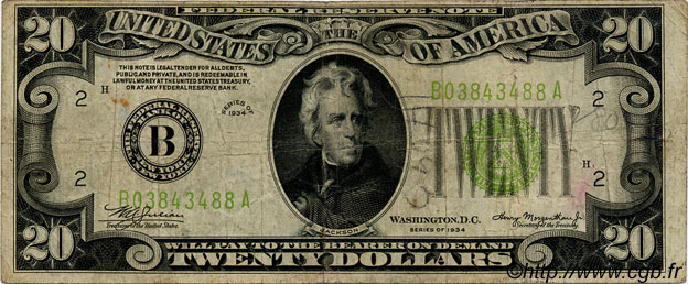 20 Dollars ÉTATS-UNIS D AMÉRIQUE New York 1934 P.431L B+ à TB