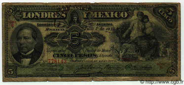 5 Pesos MEXIQUE  1910 PS.0233d B