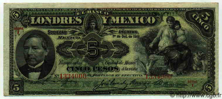 5 Pesos MEXIQUE  1913 PS.0233d TTB