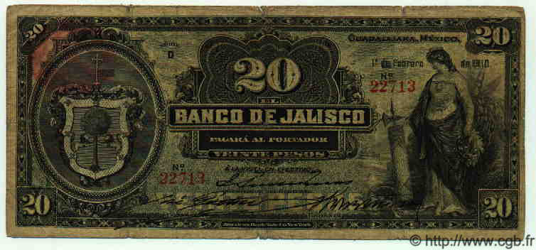 20 Pesos MEXIQUE Jalisco 1910 PS.0322b B à TB
