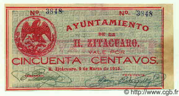 50 Centavos MEXIQUE Zitacuaro 1915 PS.--- SPL