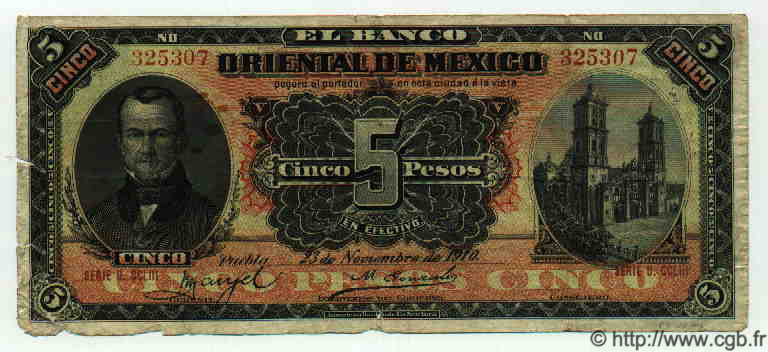 5 Pesos MEXIQUE Puebla 1910 PS.0381c B+