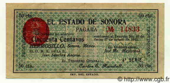 50 Centavos MEXIQUE Hermosillo 1913 PS.1065b SPL