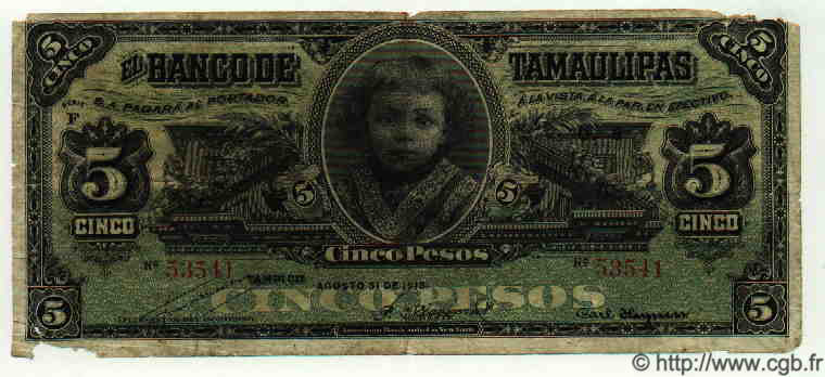 5 Pesos MEXIQUE  1913 PS.0429b B