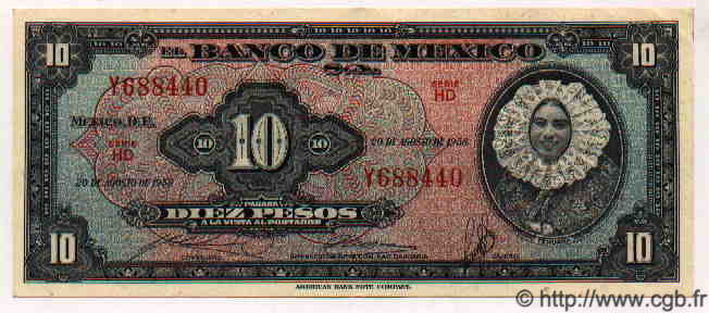 10 Pesos MEXIQUE  1958 P.716e SPL