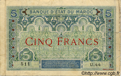 5 Francs MAROC  1921 P.08 TB