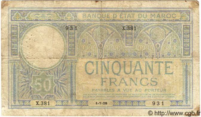 50 Francs MAROC  1928 P.13 B à TB