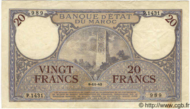 20 Francs MAROC  1942 P.18b TTB
