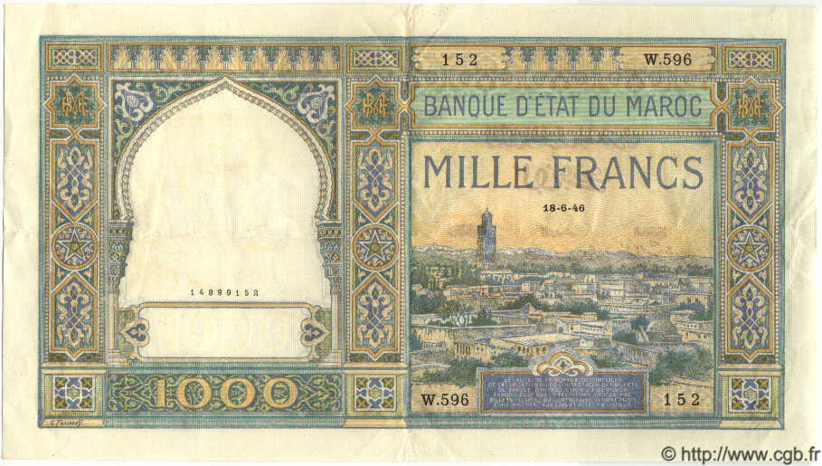 1000 Francs MAROC  1946 P.16c TTB+ à SUP