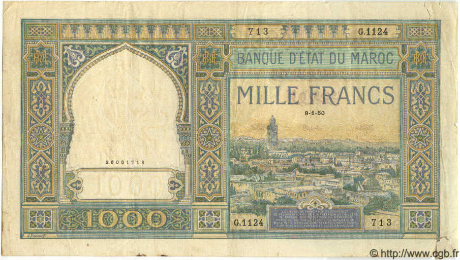 1000 Francs MAROC  1950 P.16c B à TB