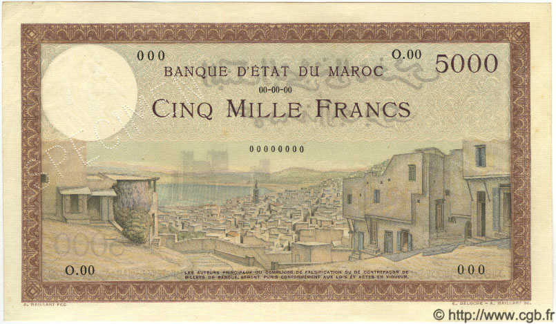 5000 Francs Spécimen MAROC  1945 P.23cs pr.NEUF