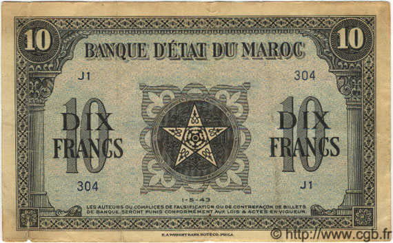 10 Francs MAROC  1943 P.25 TB