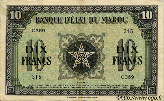 10 Francs MAROC  1943 P.25 TTB