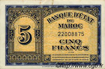 5 Francs MAROC  1944 P.24 TTB