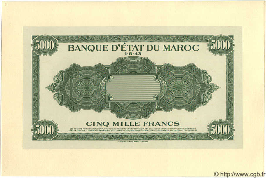 5000 Francs Épreuve MAROC  1943 P.32 NEUF