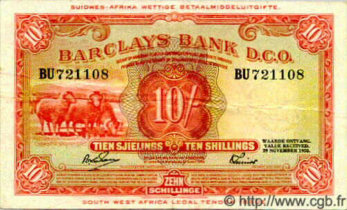 10 Shillings AFRIQUE DU SUD OUEST  1958 P.04b TTB+