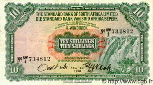 10 Shillings AFRIQUE DU SUD OUEST  1958 P.10 TTB+