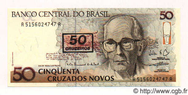 50 Cruzeiros sur 50 Cruzados Novos BRÉSIL  1991 P.223 NEUF