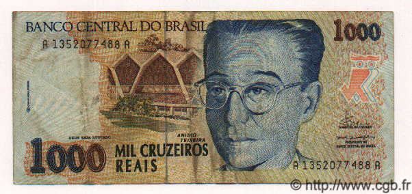 1000 Cruzeiros Reais BRÉSIL  1993 P.240 TB+ à TTB