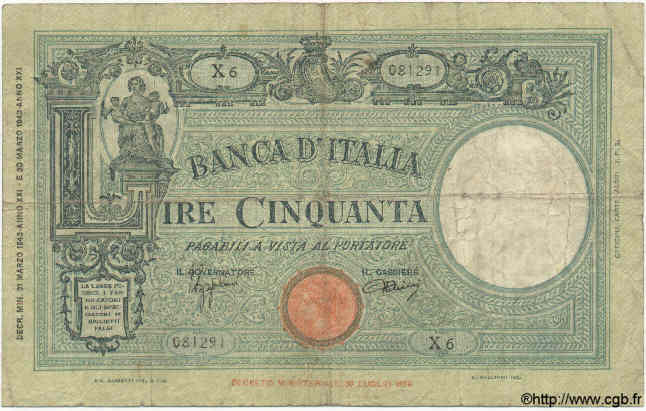 50 Lire ITALIE  1943 P.064a TB
