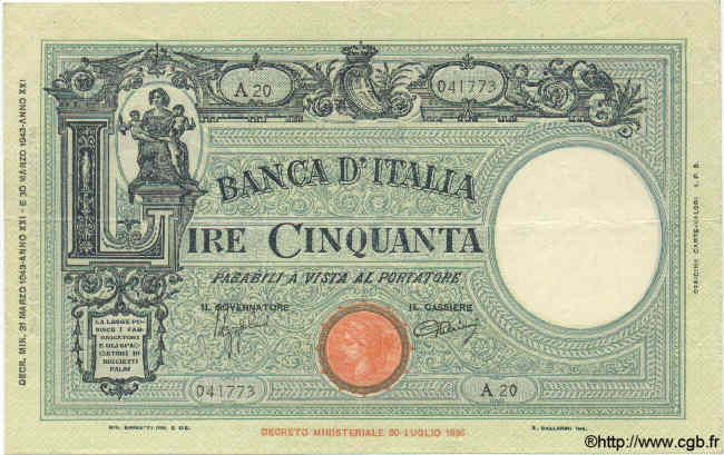 50 Lire ITALIE  1943 P.064a TTB+