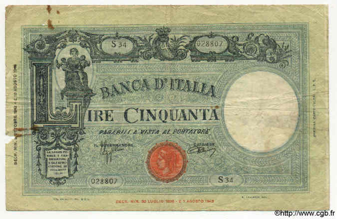 50 Lire ITALIE  1943 P.065 B+