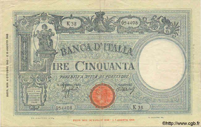 50 Lire ITALIE  1943 P.065 TTB