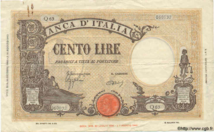 100 Lire ITALIE  1944 P.067a TB à TTB