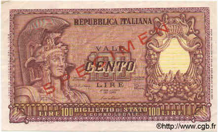 100 Lire Spécimen ITALIE  1951 P.092bs SUP
