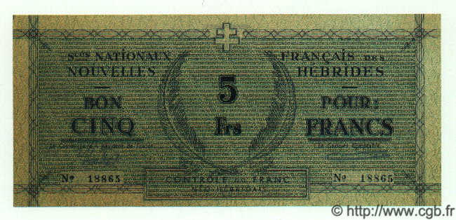 5 Francs NOUVELLES HÉBRIDES  1943 P.01 pr.NEUF