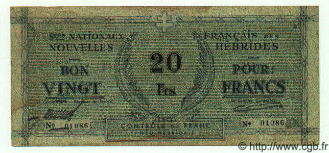 20 Francs NOUVELLES HÉBRIDES  1943 P.02 TTB