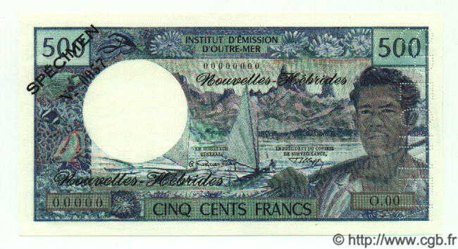 500 Francs Spécimen NOUVELLES HÉBRIDES  1972 P.19s NEUF