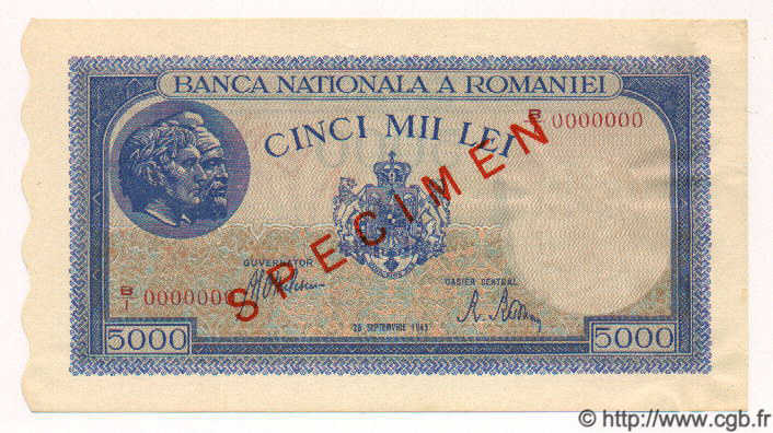 5000 Lei Spécimen ROUMANIE  1943 P.055s SPL