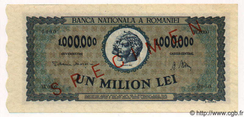 1000000 Lei Spécimen ROUMANIE  1947 P.060s pr.NEUF