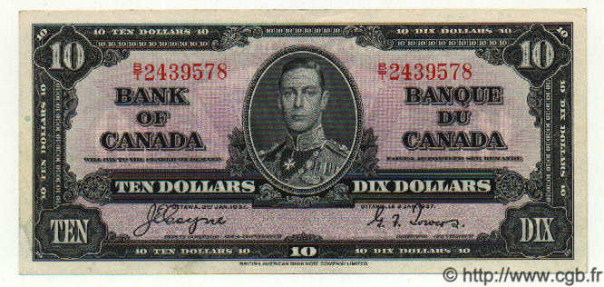 10 Dollars CANADA  1937 P.061c SPL