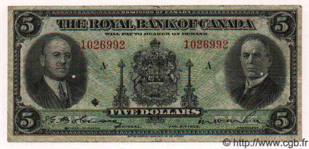 5 Dollars CANADA  1935 PS.1391 TB