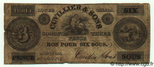 3 Pence / 6 Sous CANADA  1837  TB
