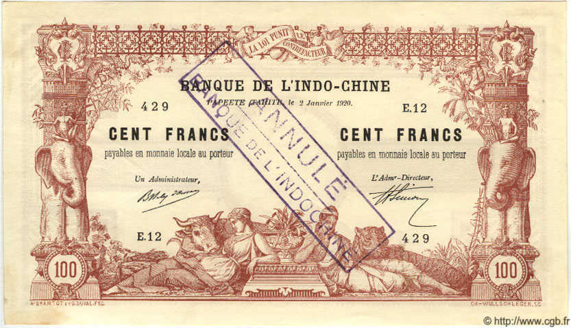 100 Francs Annulé TAHITI  1920 P.06bs SUP+