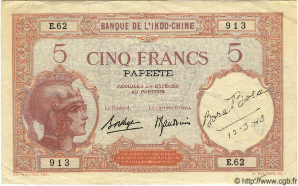 5 Francs TAHITI  1940 P.11c TTB+