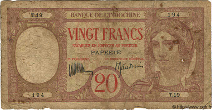 20 Francs TAHITI  1936 P.12b AB