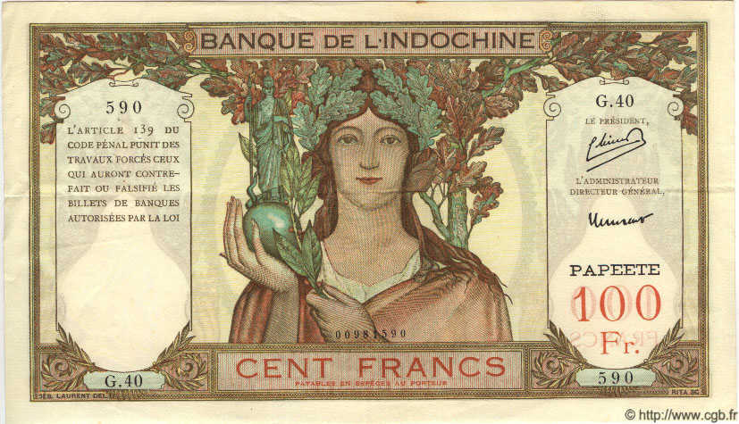 100 Francs TAHITI  1952 P.14b TTB+ à SUP