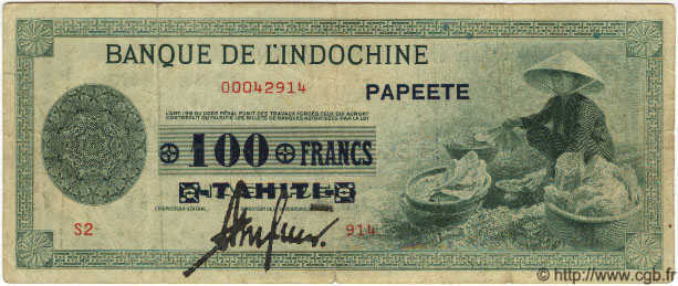 100 Francs TAHITI  1943 P.17a pr.TTB