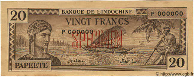 20 Francs Spécimen TAHITI  1944 P.20s SPL