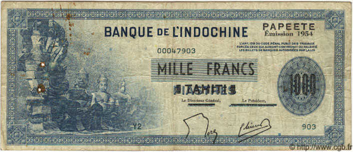 1000 Francs TAHITI  1954 P.22 TB+