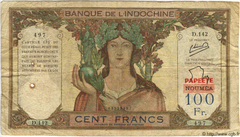 100 Francs TAHITI  1963 P.22A B+